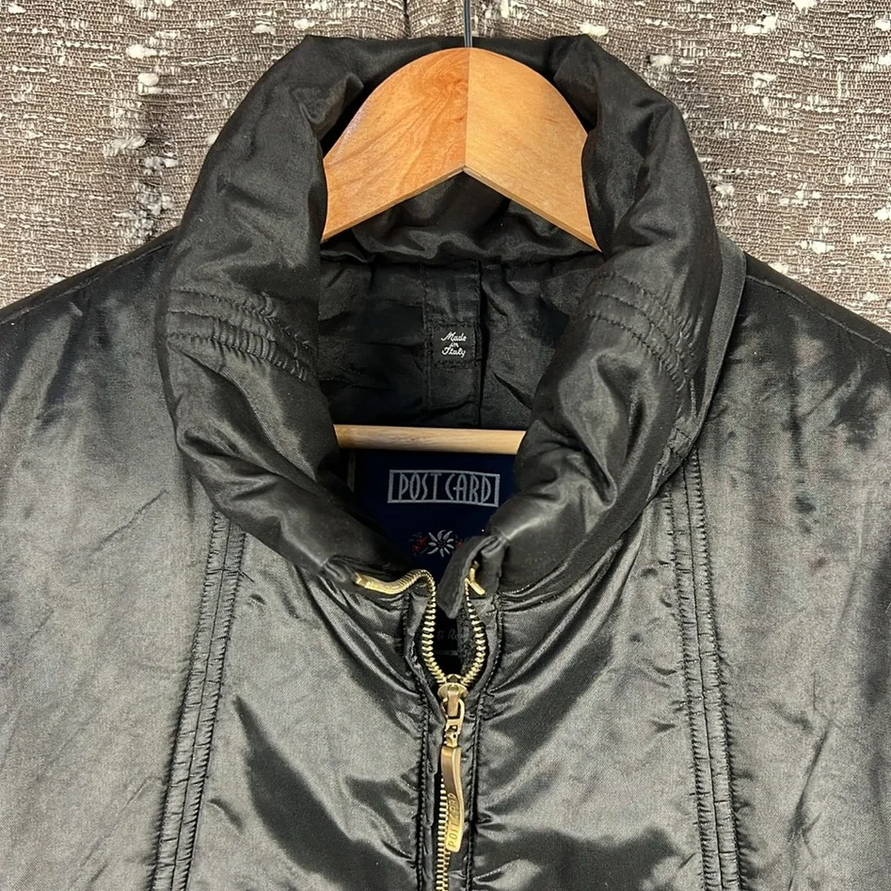 Vintage Post Card Puffy Zip Up Italy Ski Winter‎ Black Jacket Coat Size 10